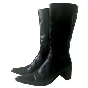 LEATHER BELOW KNEE BLACK HEELED BOOTS ZIPPER CLOSURE BLOCK  HEELS  SIZE 36